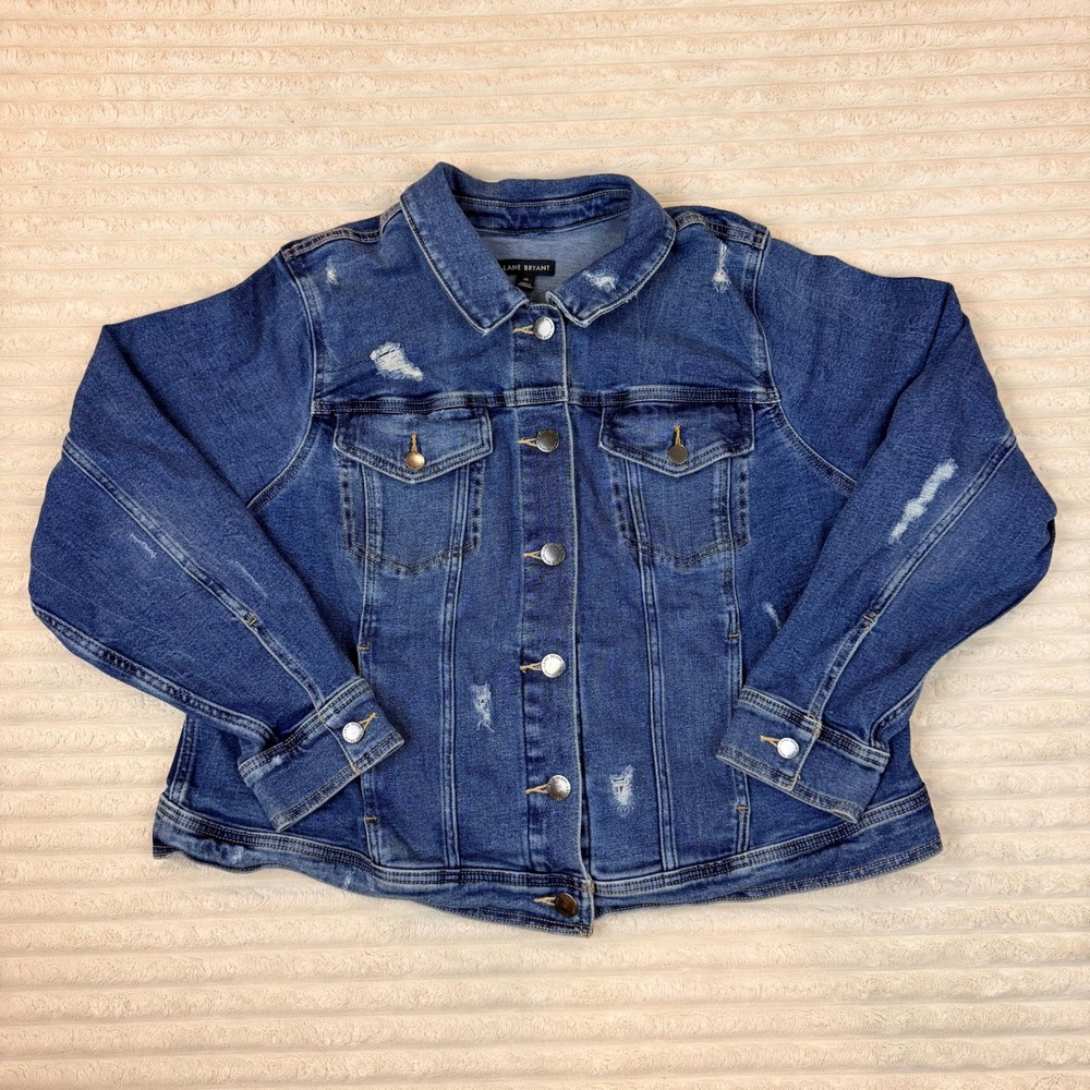 Lane Bryant Women Blue Distressed Denim Trucker Jacket Plus Size 22 Stretch